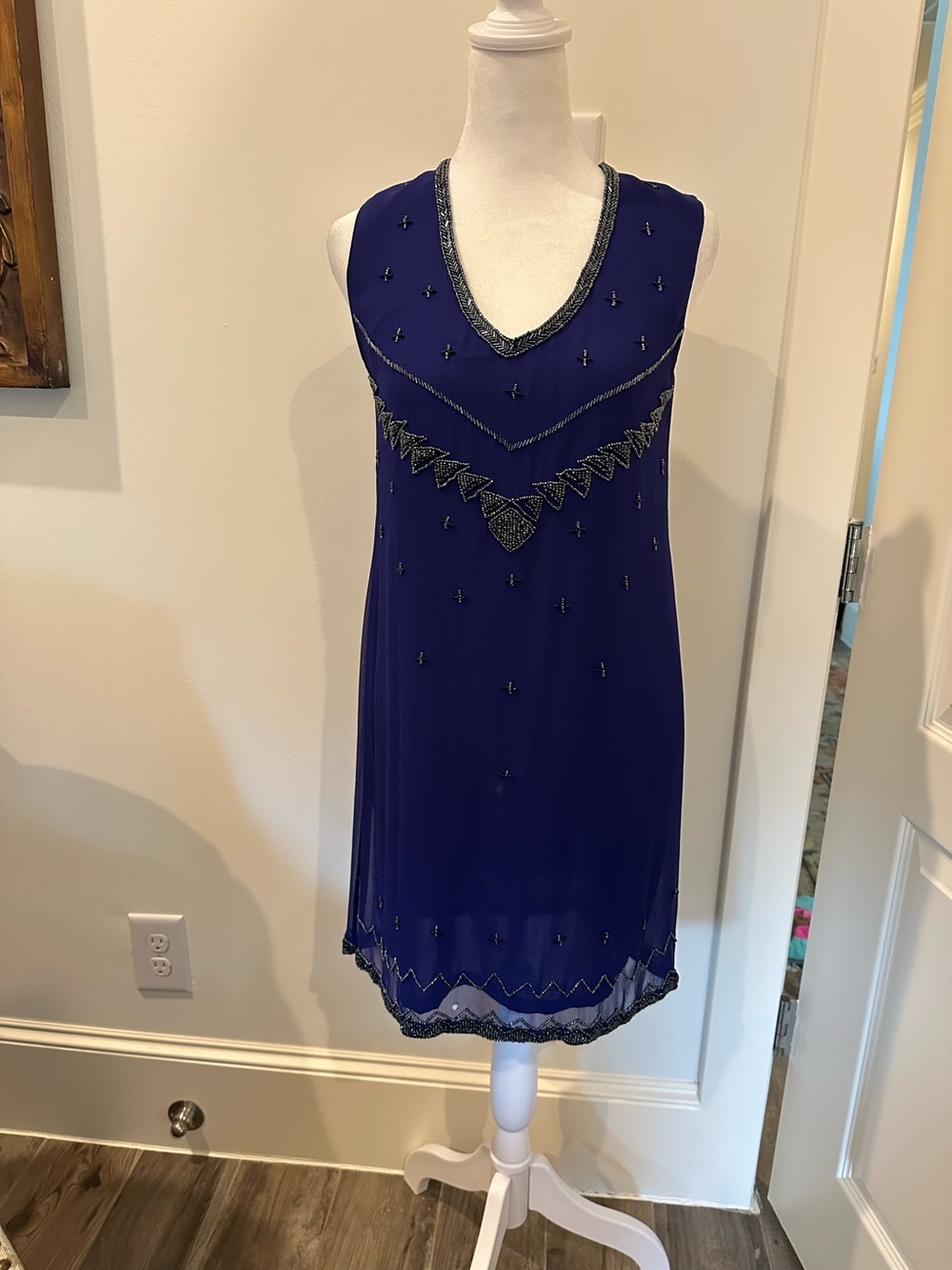 Beaded Deep Royal Blue Sleeveless Shift Dress - size S